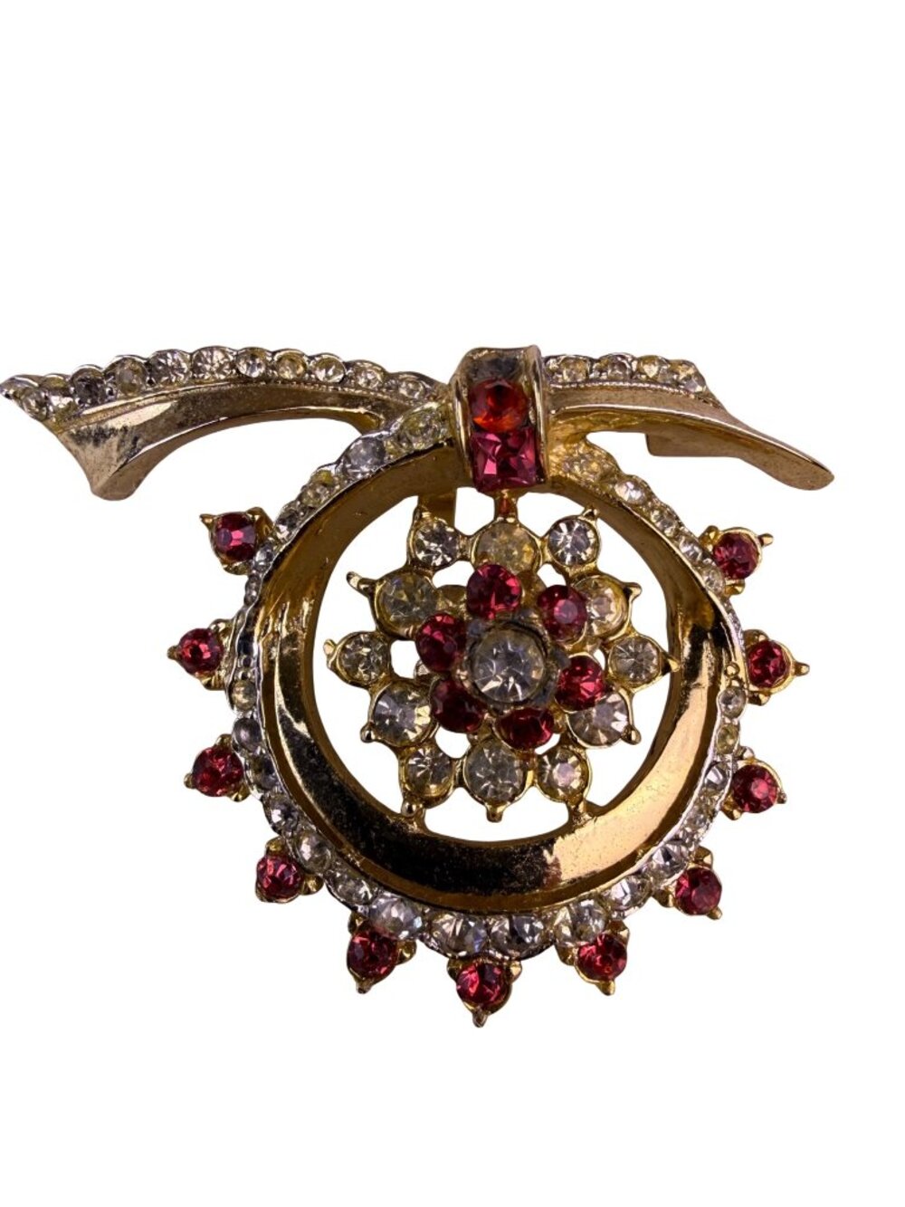 Coro Womens Gold Tone Rhinestone Floral Brooch Red & Clear Vintage Jewelry